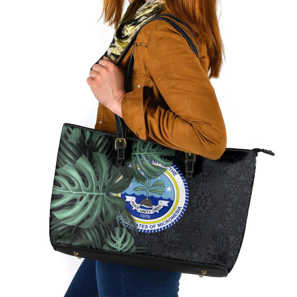 Federated States Of Micronesia Leather Tote Bag FSM Tropical Monstera Leaf Dark Tribal Pattern