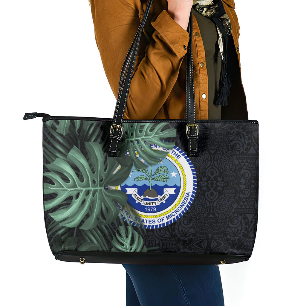 Federated States Of Micronesia Leather Tote Bag FSM Tropical Monstera Leaf Dark Tribal Pattern
