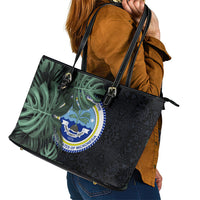 Federated States Of Micronesia Leather Tote Bag FSM Tropical Monstera Leaf Dark Tribal Pattern