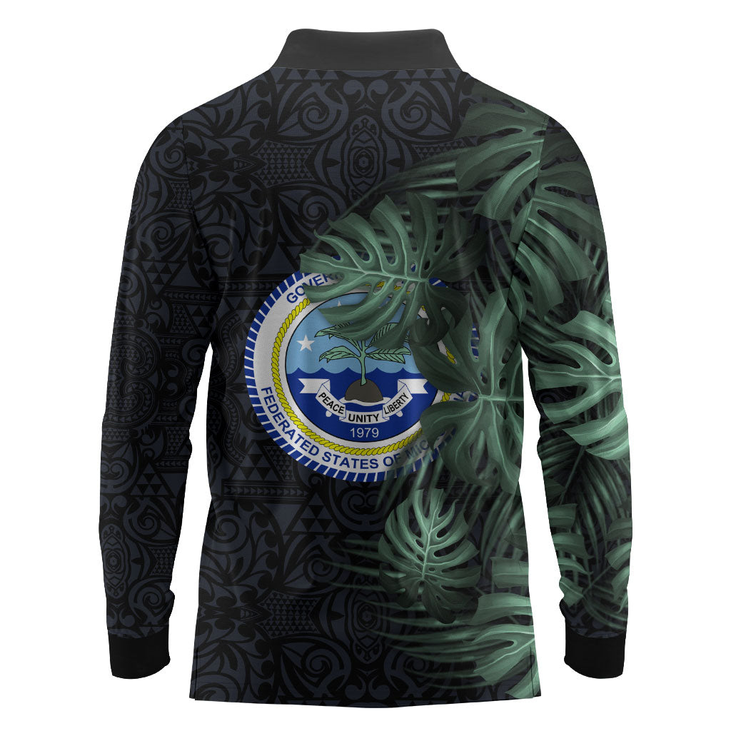 Federated States Of Micronesia Long Sleeve Polo Shirt FSM Tropical Monstera Leaf Dark Tribal Pattern