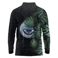 Federated States Of Micronesia Long Sleeve Polo Shirt FSM Tropical Monstera Leaf Dark Tribal Pattern
