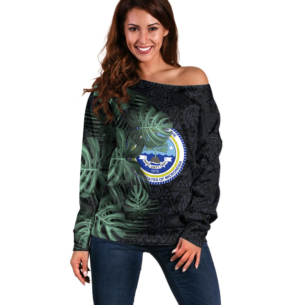 Federated States Of Micronesia Off Shoulder Sweater FSM Tropical Monstera Leaf Dark Tribal Pattern