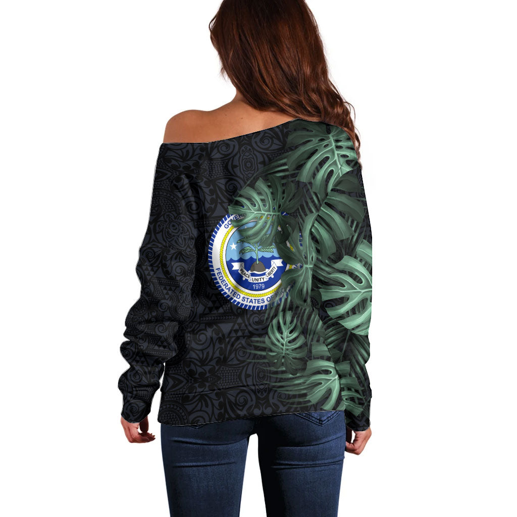 Federated States Of Micronesia Off Shoulder Sweater FSM Tropical Monstera Leaf Dark Tribal Pattern
