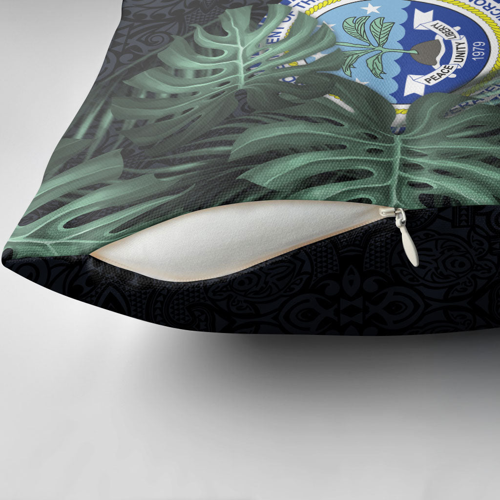 Federated States Of Micronesia Pillow Cover FSM Tropical Monstera Leaf Dark Tribal Pattern