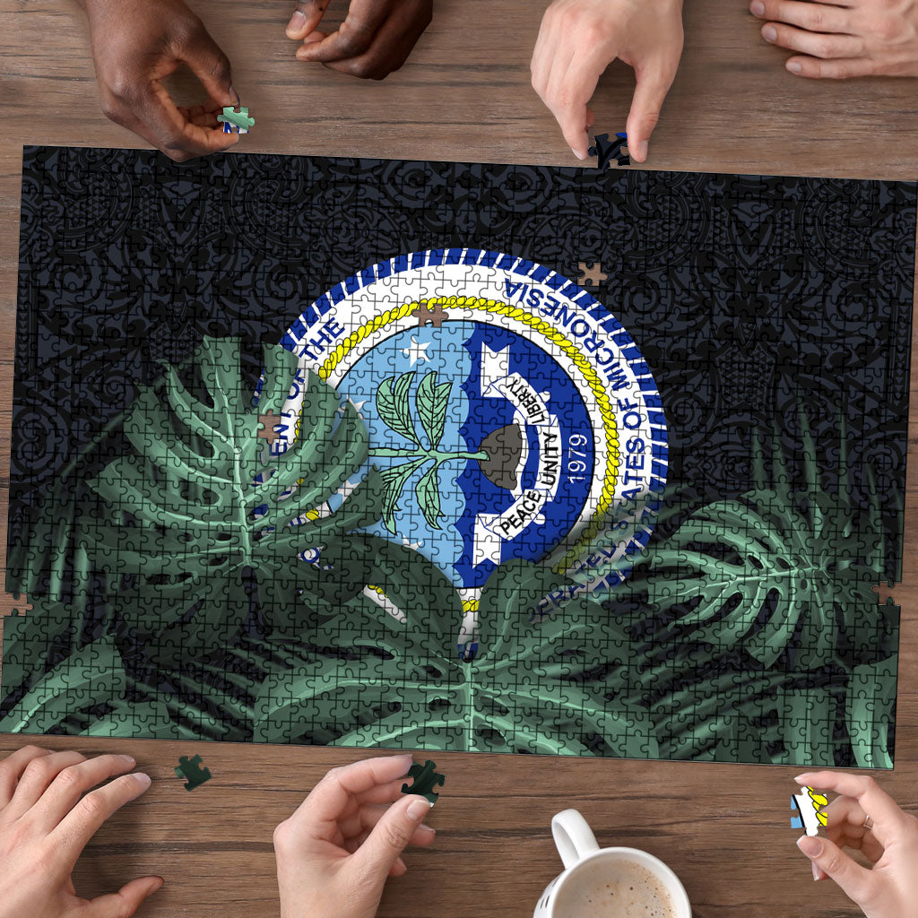 Federated States Of Micronesia Puzzle FSM Tropical Monstera Leaf Dark Tribal Pattern