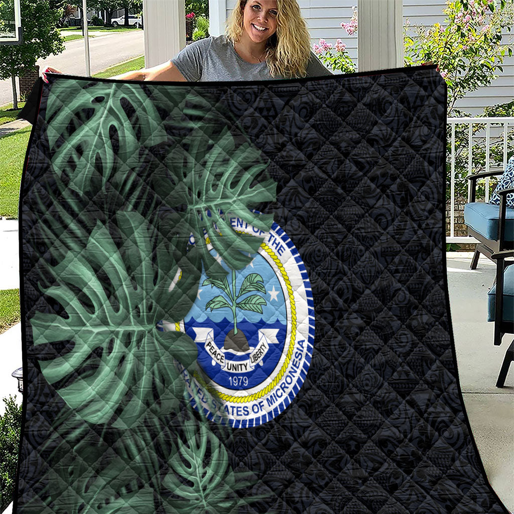 Federated States Of Micronesia Quilt FSM Tropical Monstera Leaf Dark Tribal Pattern