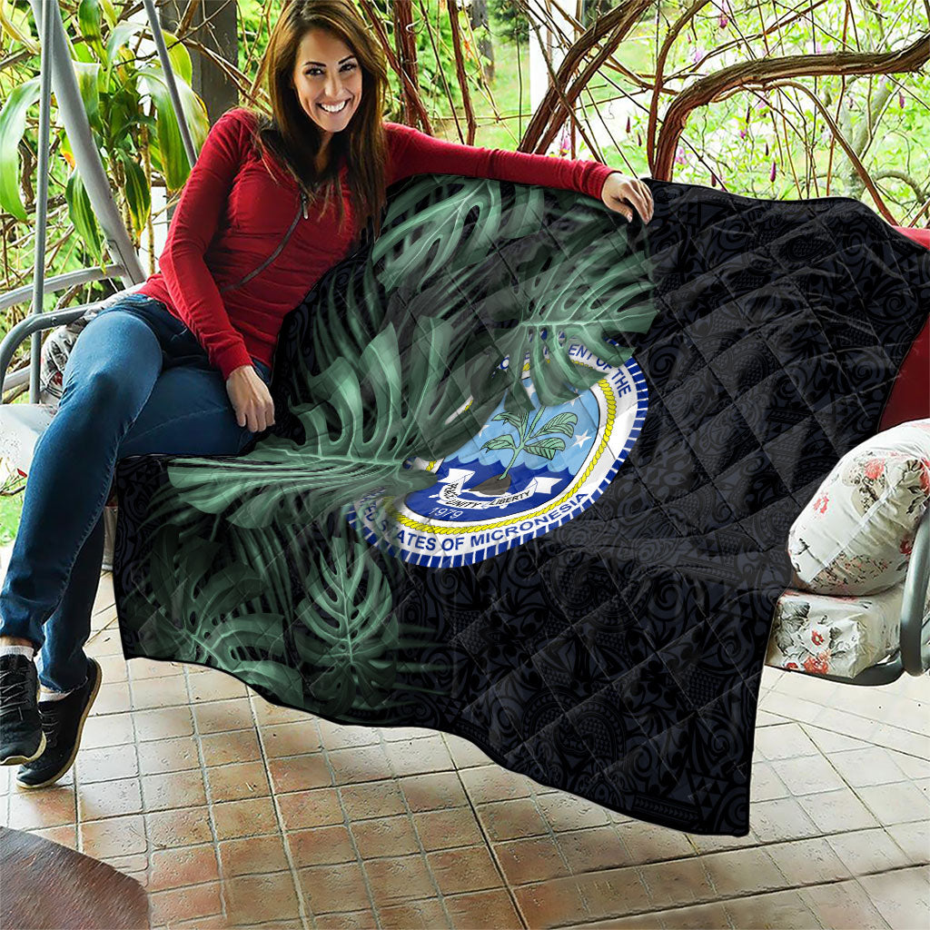 Federated States Of Micronesia Quilt FSM Tropical Monstera Leaf Dark Tribal Pattern