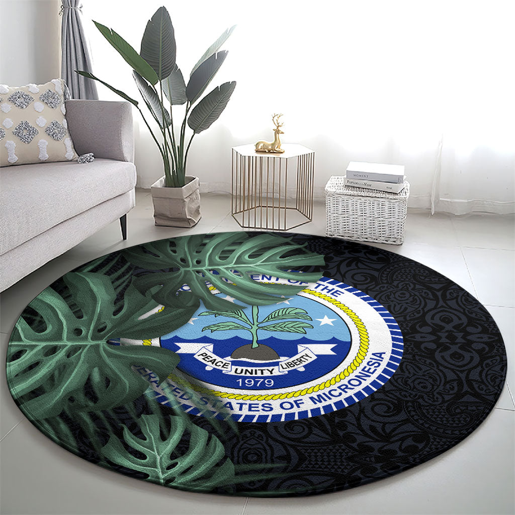 Federated States Of Micronesia Round Carpet FSM Tropical Monstera Leaf Dark Tribal Pattern