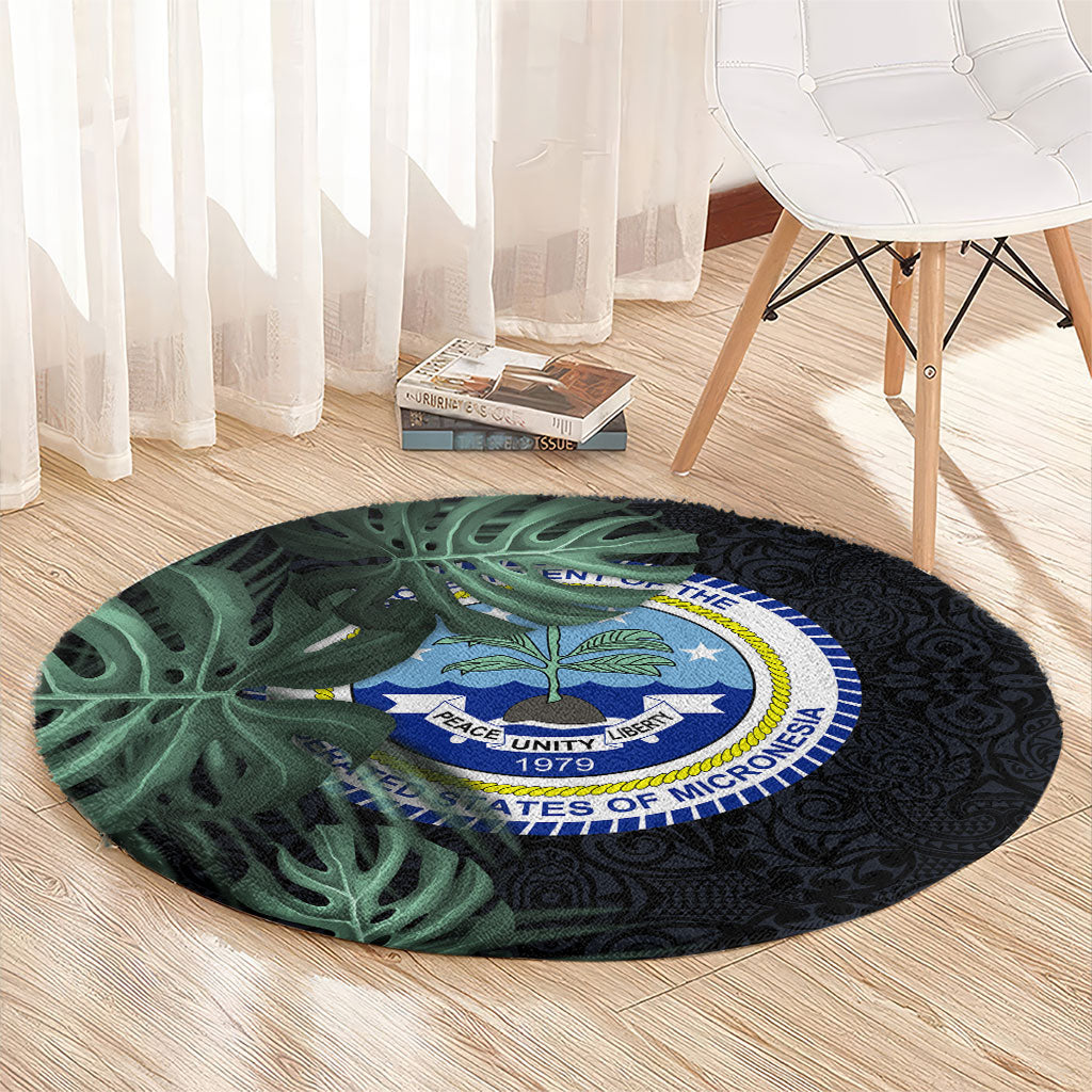 Federated States Of Micronesia Round Carpet FSM Tropical Monstera Leaf Dark Tribal Pattern