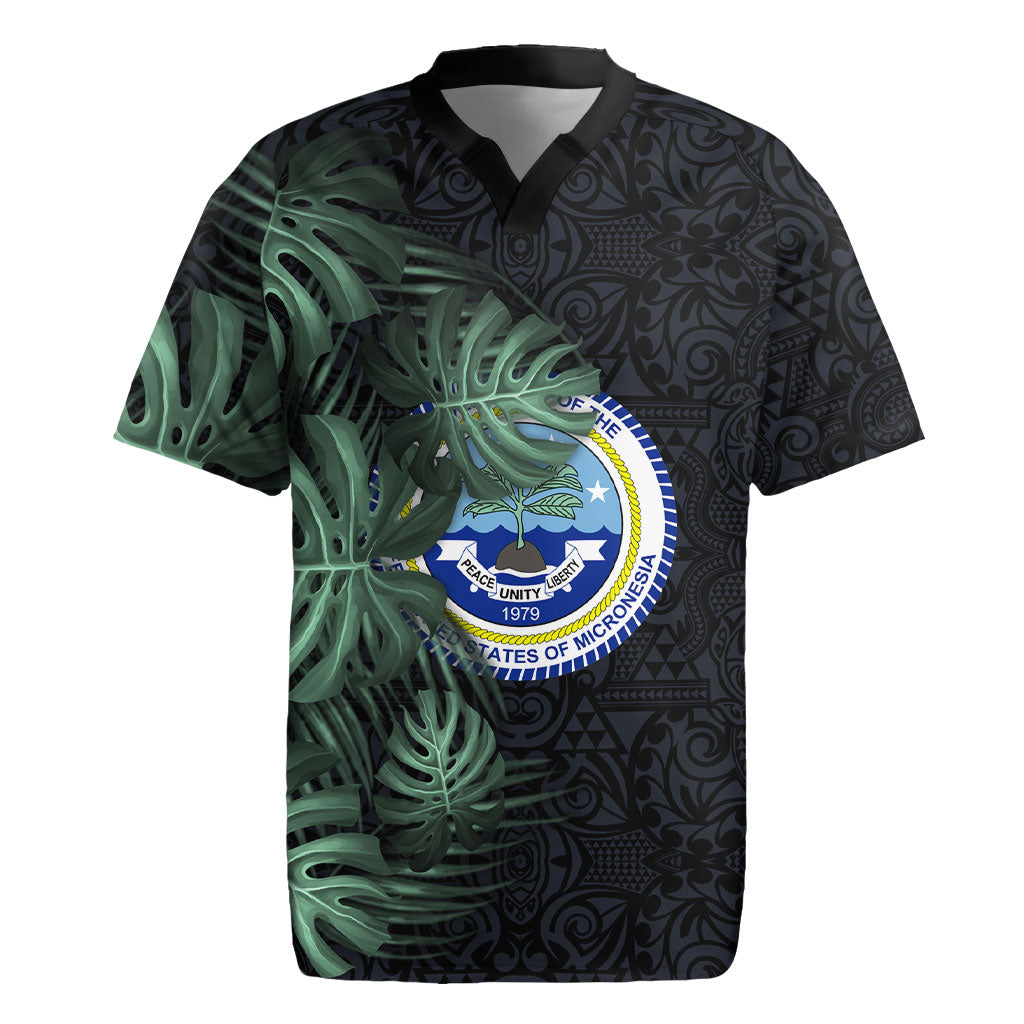 Federated States Of Micronesia Rugby Jersey FSM Tropical Monstera Leaf Dark Tribal Pattern