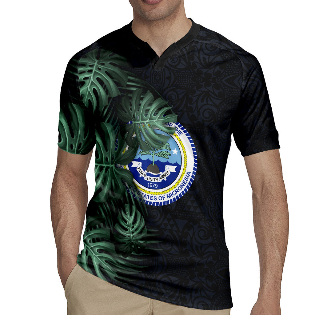 Federated States Of Micronesia Rugby Jersey FSM Tropical Monstera Leaf Dark Tribal Pattern