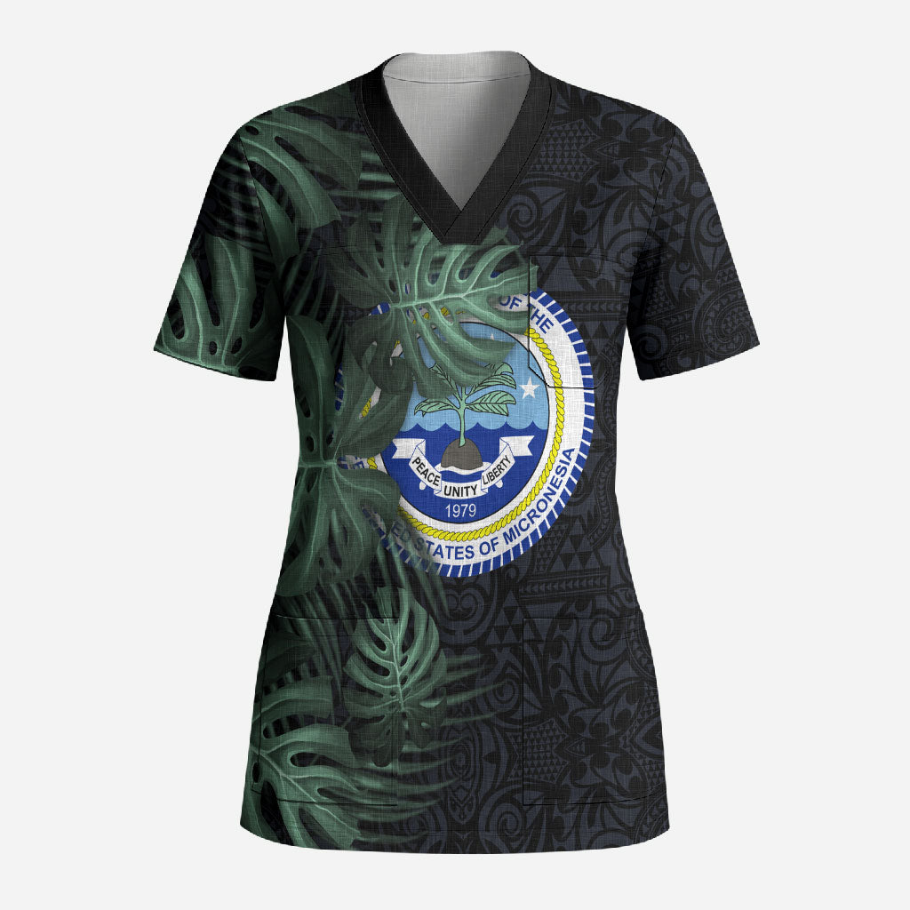 Federated States Of Micronesia Scrub Top FSM Tropical Monstera Leaf Dark Tribal Pattern TS04 Adult Black Green - Polynesian Pride