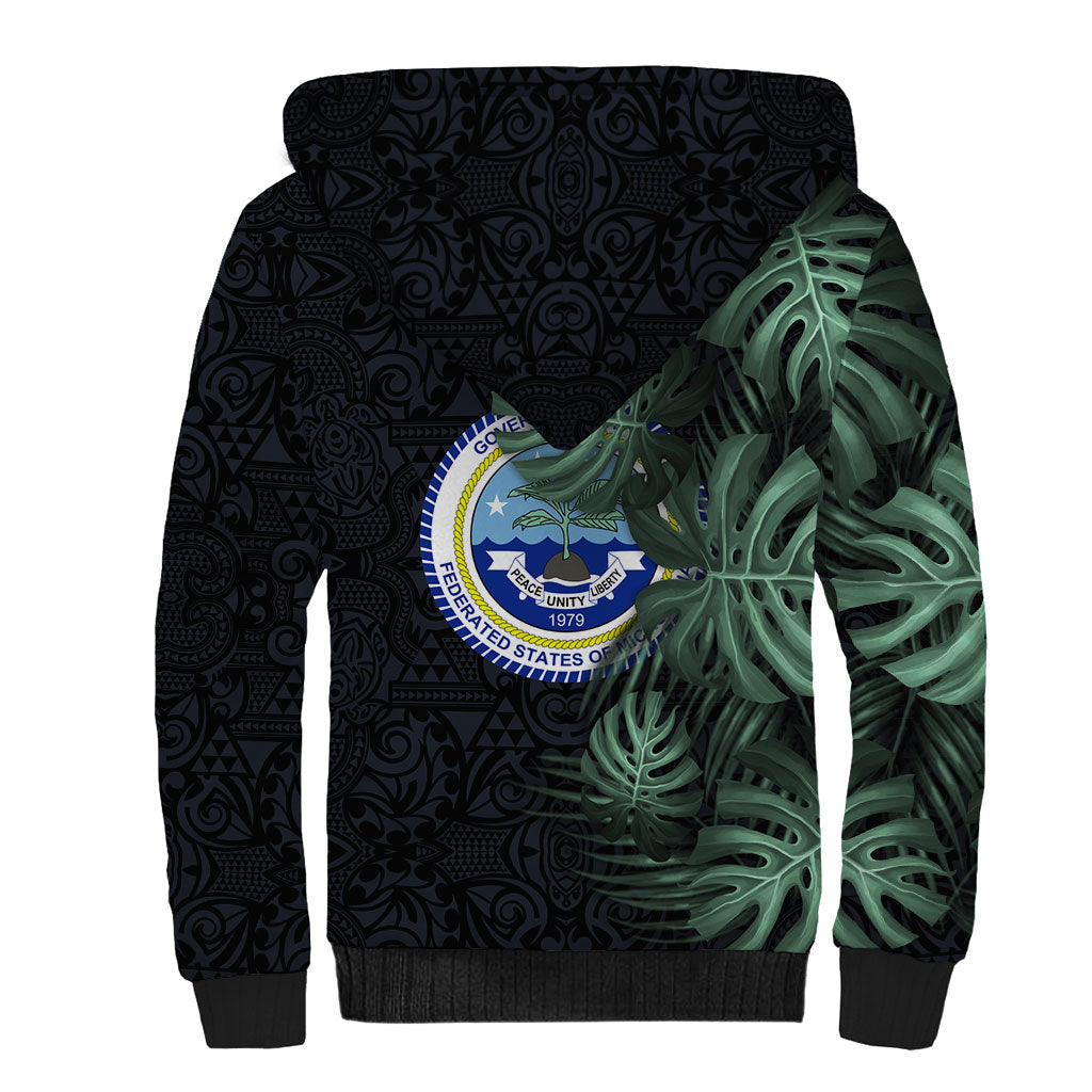 Federated States Of Micronesia Sherpa Hoodie FSM Tropical Monstera Leaf Dark Tribal Pattern
