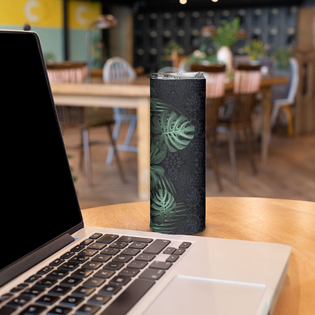 Federated States Of Micronesia Skinny Tumbler FSM Tropical Monstera Leaf Dark Tribal Pattern