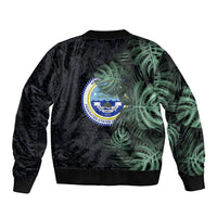 Federated States Of Micronesia Sleeve Zip Bomber Jacket FSM Tropical Monstera Leaf Dark Tribal Pattern