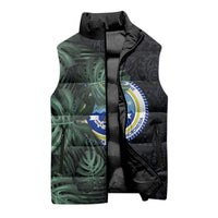 Federated States Of Micronesia Sleeveless Puffer Jacket FSM Tropical Monstera Leaf Dark Tribal Pattern