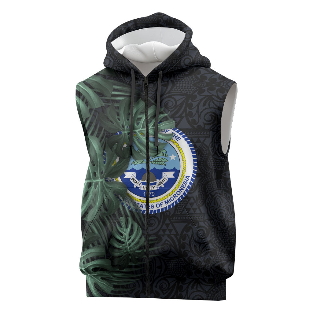 Federated States Of Micronesia Sleeveless Zip Hoodie FSM Tropical Monstera Leaf Dark Tribal Pattern