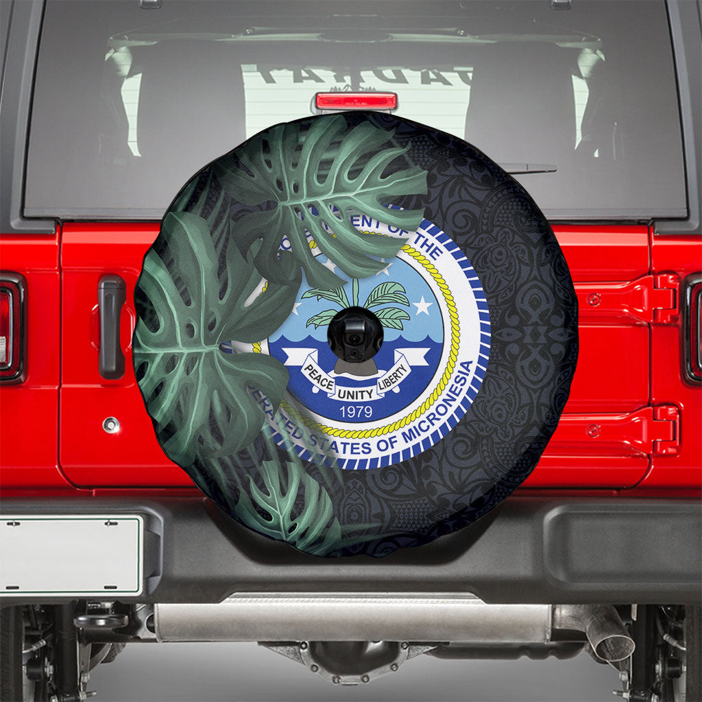 Federated States Of Micronesia Spare Tire Cover FSM Tropical Monstera Leaf Dark Tribal Pattern