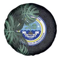 Federated States Of Micronesia Spare Tire Cover FSM Tropical Monstera Leaf Dark Tribal Pattern