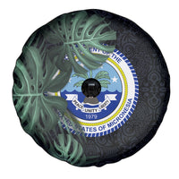 Federated States Of Micronesia Spare Tire Cover FSM Tropical Monstera Leaf Dark Tribal Pattern