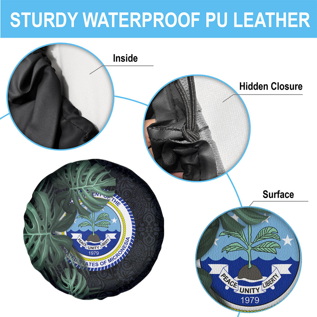 Federated States Of Micronesia Spare Tire Cover FSM Tropical Monstera Leaf Dark Tribal Pattern