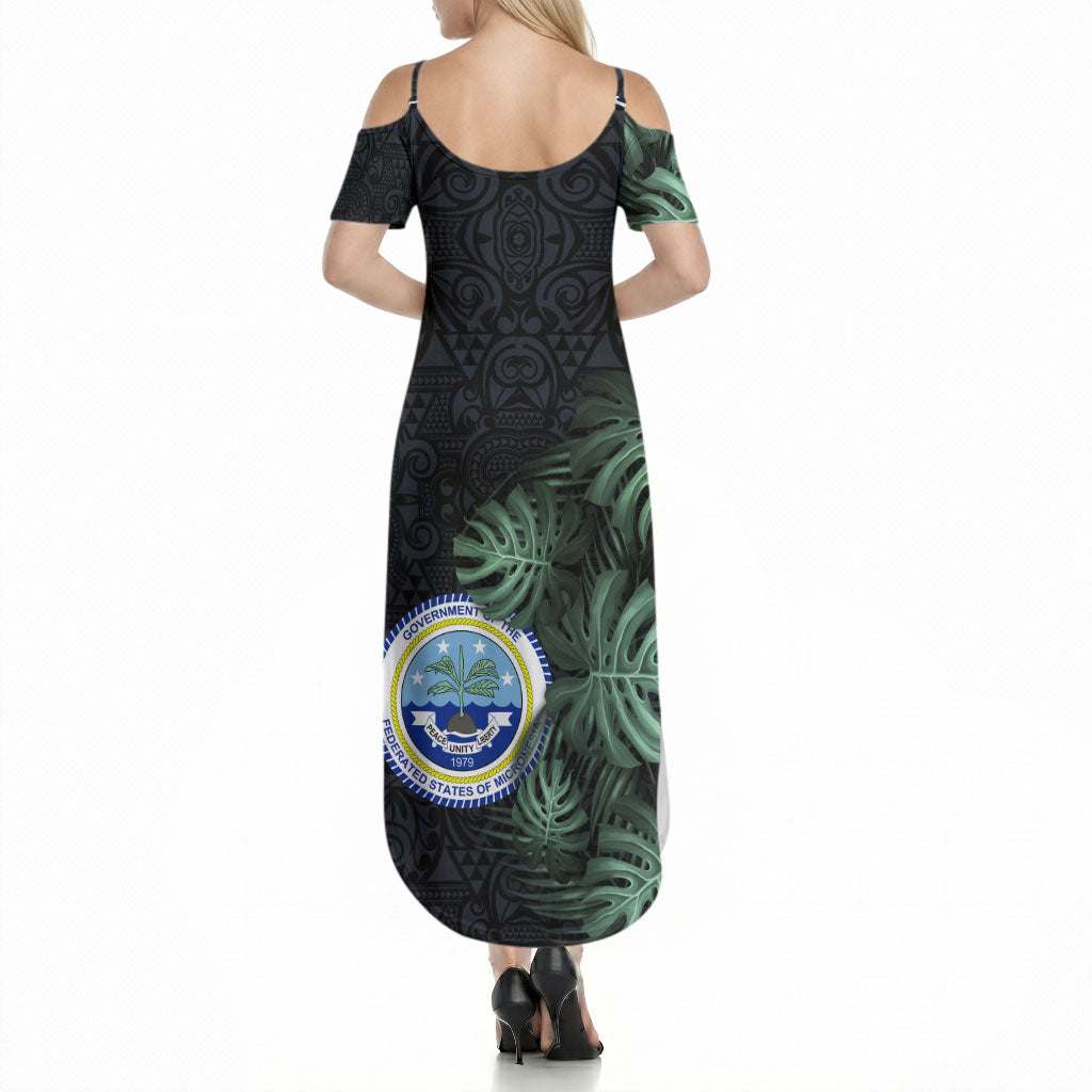 Federated States Of Micronesia Summer Maxi Dress FSM Tropical Monstera Leaf Dark Tribal Pattern