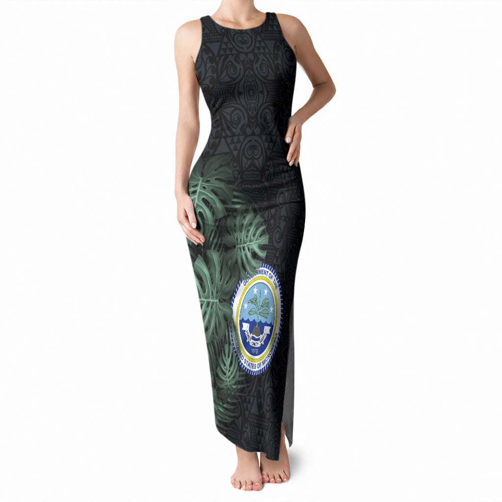 Federated States Of Micronesia Tank Maxi Dress FSM Tropical Monstera Leaf Dark Tribal Pattern