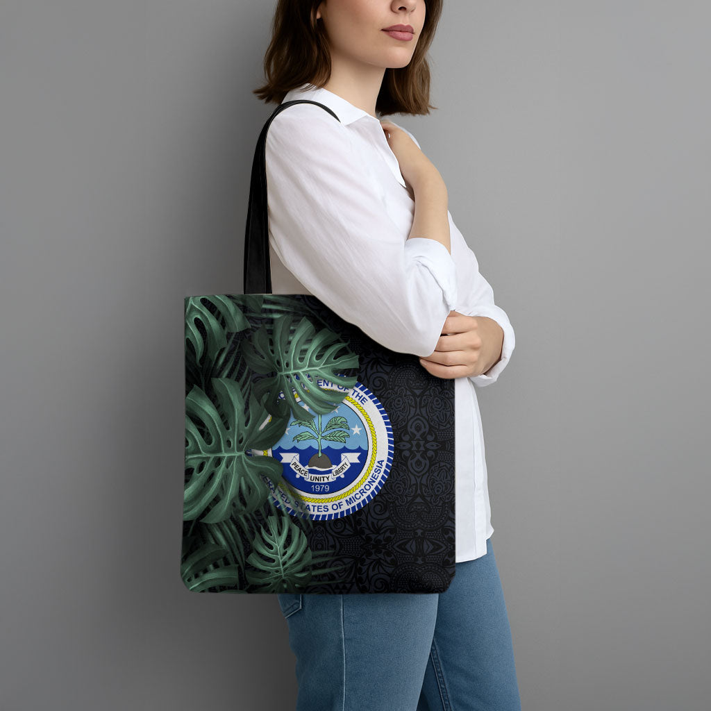 Federated States Of Micronesia Tote Bag FSM Tropical Monstera Leaf Dark Tribal Pattern