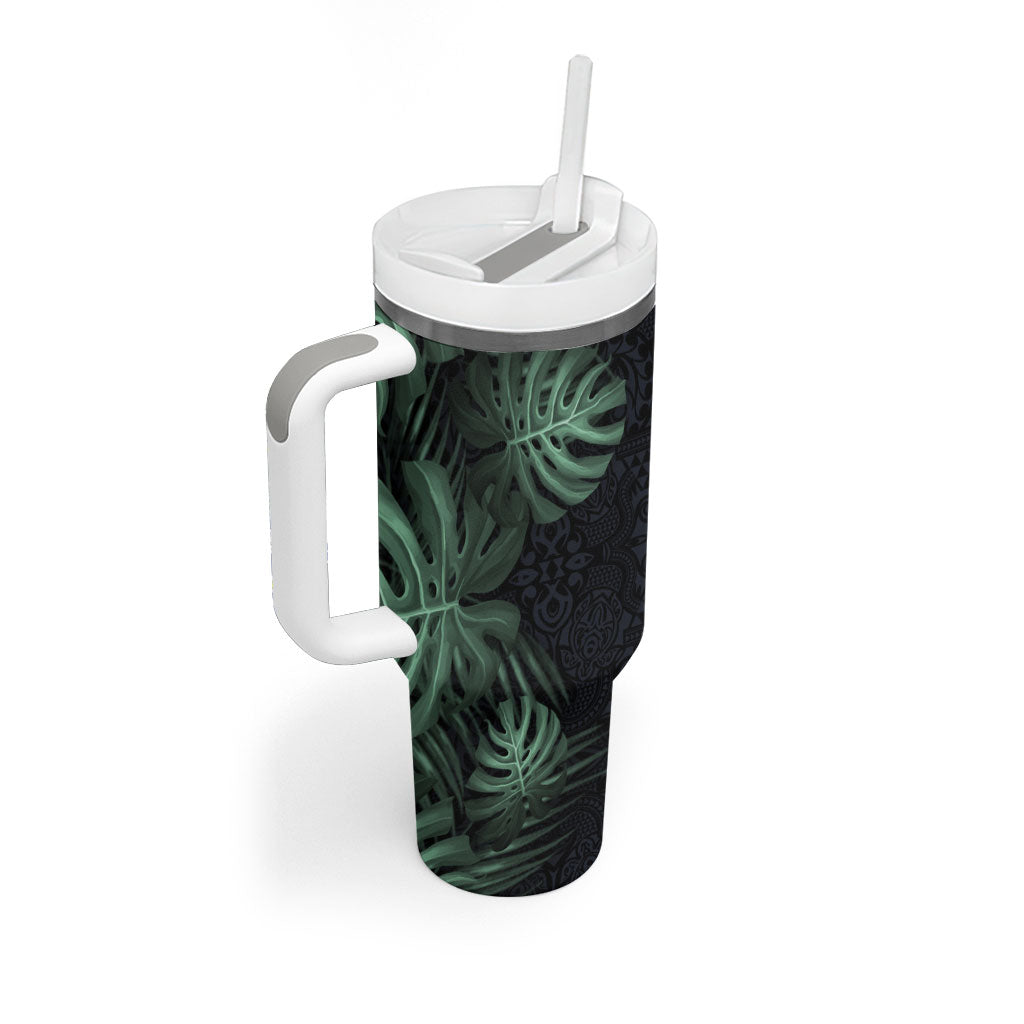 Federated States Of Micronesia Tumbler With Handle FSM Tropical Monstera Leaf Dark Tribal Pattern