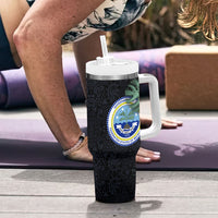 Federated States Of Micronesia Tumbler With Handle FSM Tropical Monstera Leaf Dark Tribal Pattern