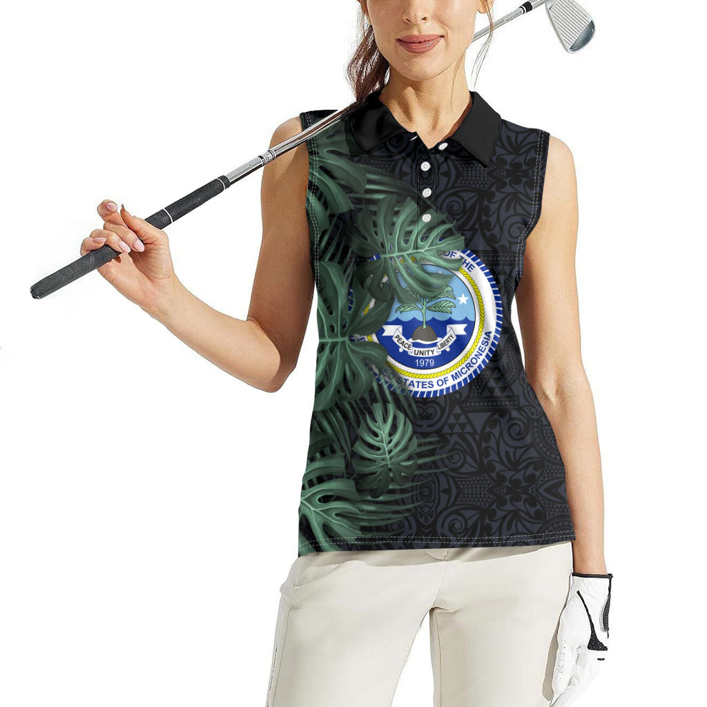 Federated States Of Micronesia Women Sleeveless Polo Shirt FSM Tropical Monstera Leaf Dark Tribal Pattern