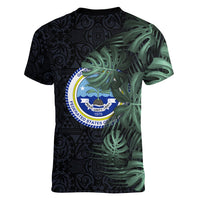 Federated States Of Micronesia Women V-Neck T-Shirt FSM Tropical Monstera Leaf Dark Tribal Pattern