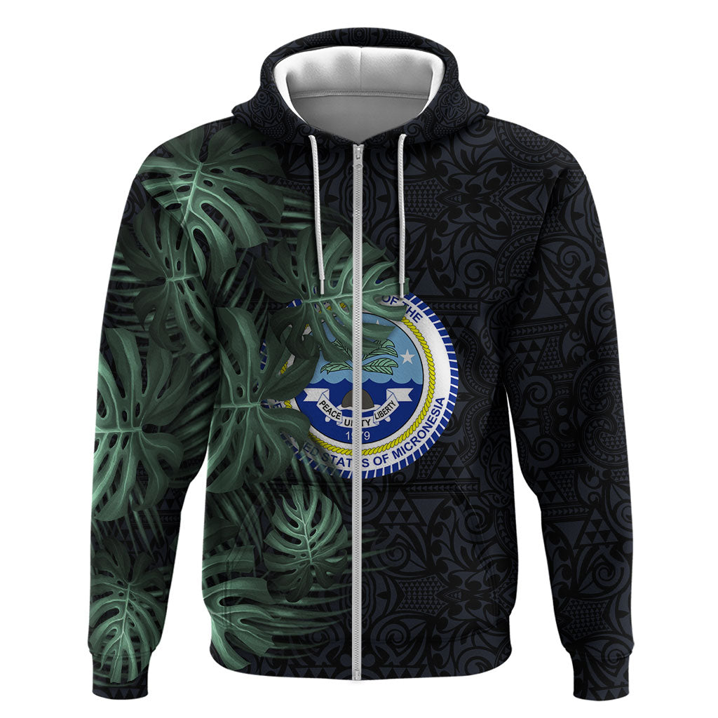 Federated States Of Micronesia Zip Hoodie FSM Tropical Monstera Leaf Dark Tribal Pattern