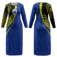 Federated States Of Micronesia FSM Couples Matching Long Sleeve Bodycon Dress and Hawaiian Shirt Pacific Islander Tribal Swirl Geometric Pattern