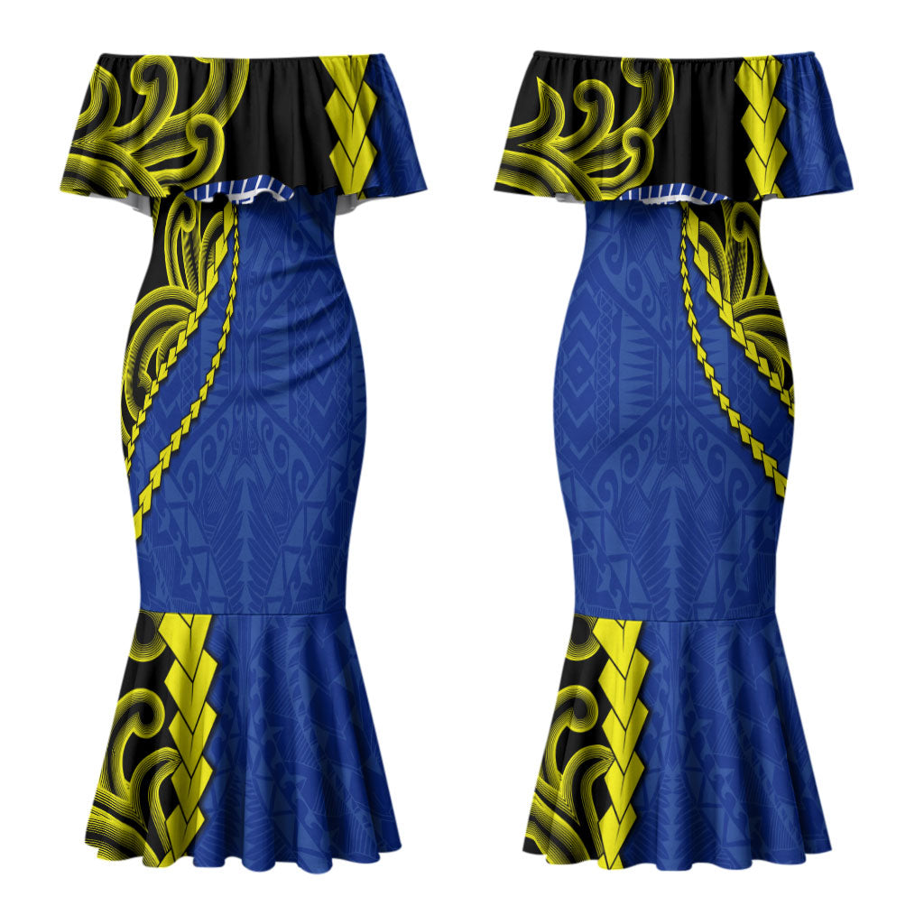 Federated States Of Micronesia FSM Couples Matching Mermaid Dress and Long Sleeve Button Shirt Pacific Islander Tribal Swirl Geometric Pattern