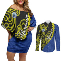 Federated States Of Micronesia FSM Couples Matching Off Shoulder Short Dress and Long Sleeve Button Shirt Pacific Islander Tribal Swirl Geometric Pattern