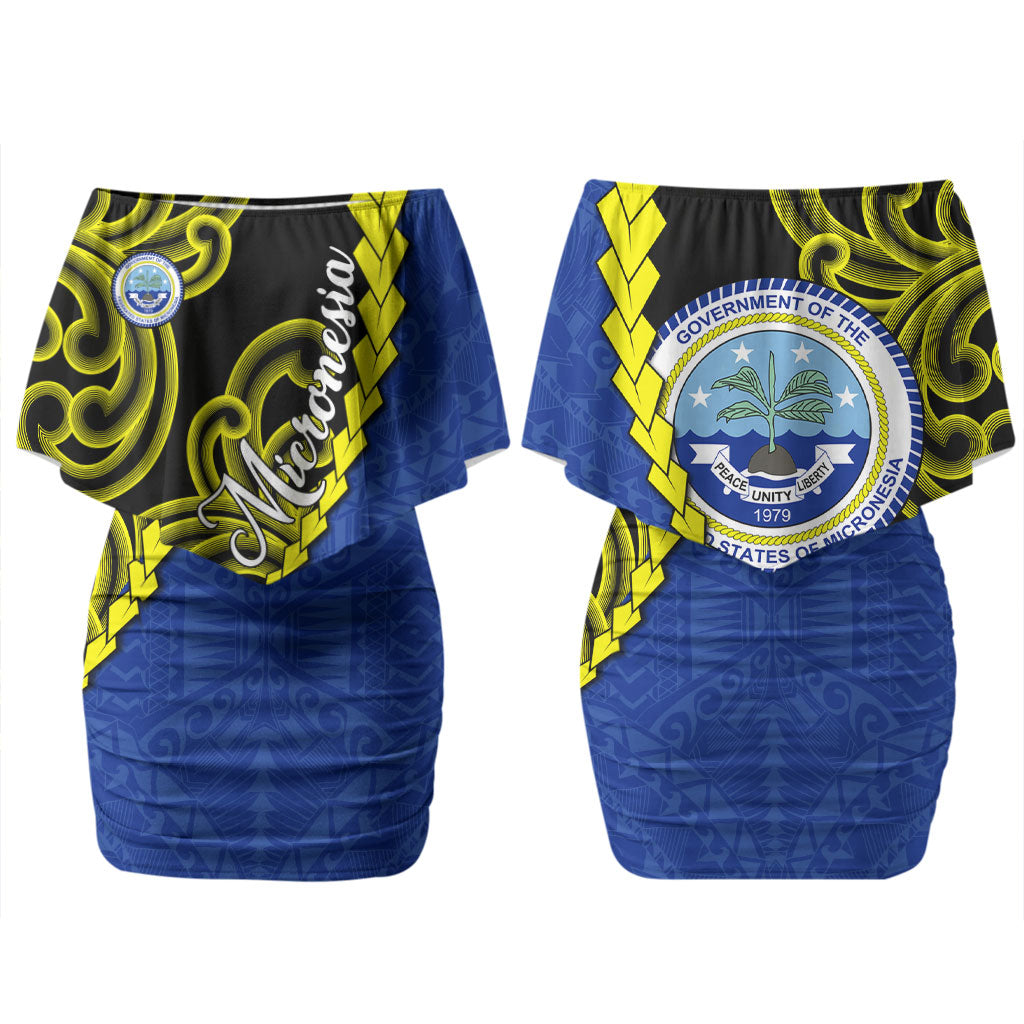 Federated States Of Micronesia FSM Couples Matching Off Shoulder Short Dress and Long Sleeve Button Shirt Pacific Islander Tribal Swirl Geometric Pattern