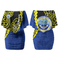 Federated States Of Micronesia FSM Couples Matching Off Shoulder Short Dress and Long Sleeve Button Shirt Pacific Islander Tribal Swirl Geometric Pattern