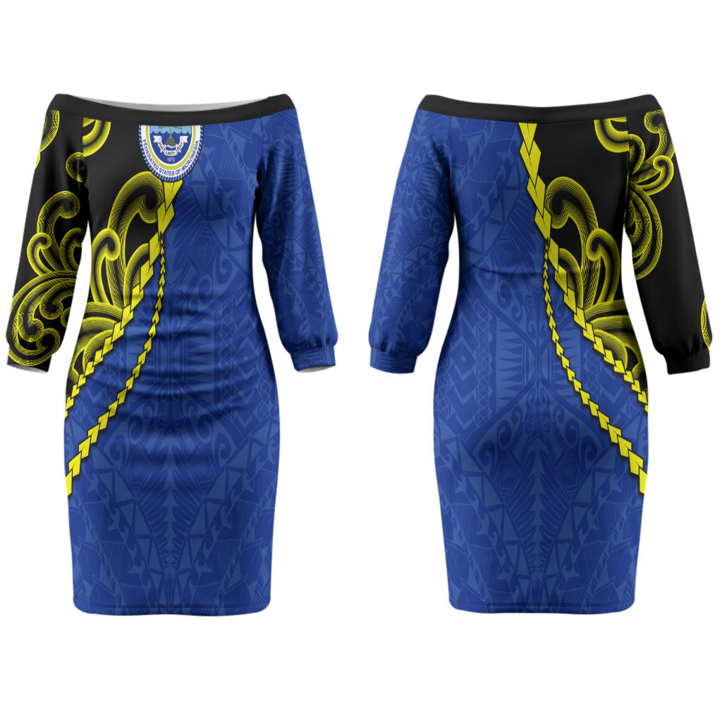 Federated States Of Micronesia FSM Couples Matching Off The Shoulder Long Sleeve Dress and Hawaiian Shirt Pacific Islander Tribal Swirl Geometric Pattern