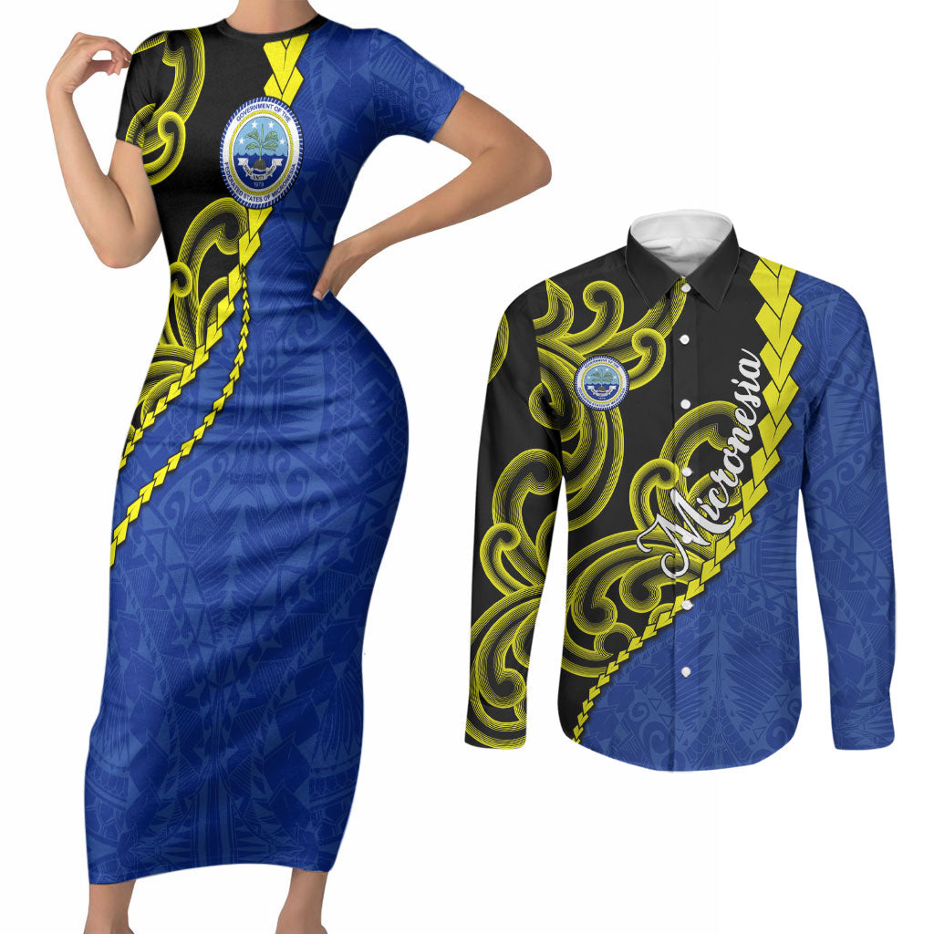 Federated States Of Micronesia FSM Couples Matching Short Sleeve Bodycon Dress and Long Sleeve Button Shirt Pacific Islander Tribal Swirl Geometric Pattern