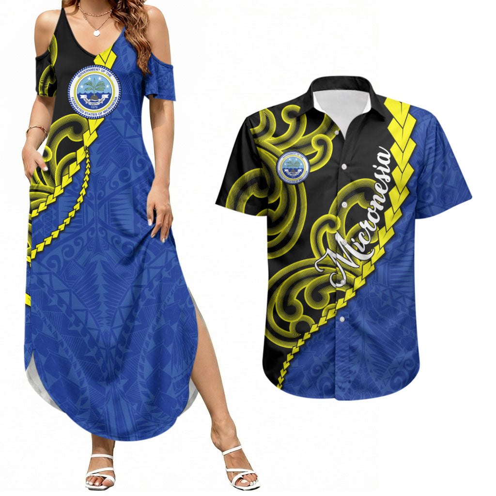 Federated States Of Micronesia FSM Couples Matching Summer Maxi Dress and Hawaiian Shirt Pacific Islander Tribal Swirl Geometric Pattern