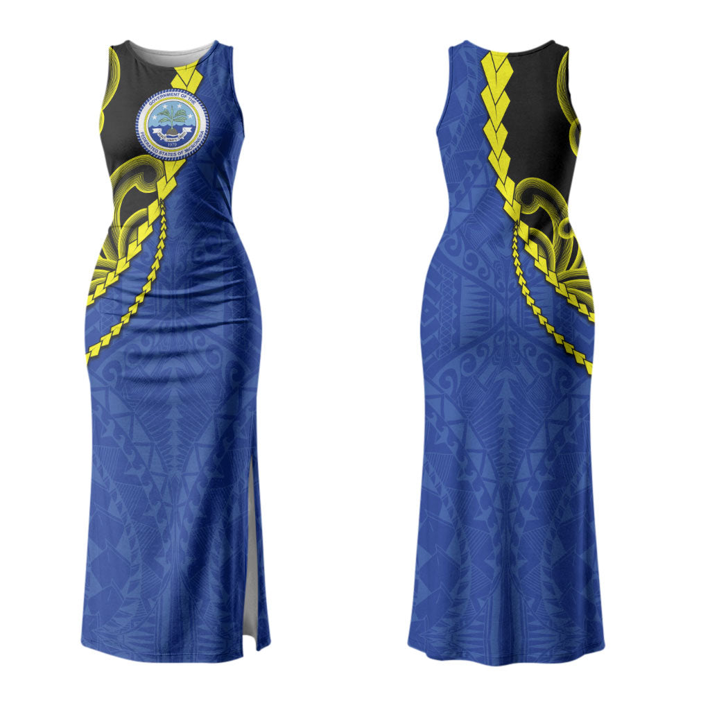 Federated States Of Micronesia FSM Couples Matching Tank Maxi Dress and Hawaiian Shirt Pacific Islander Tribal Swirl Geometric Pattern