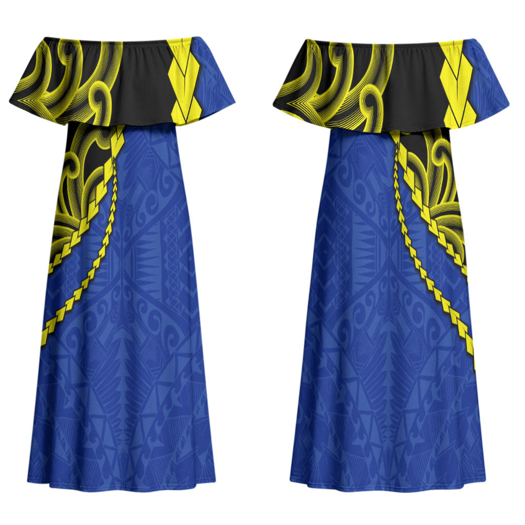 Federated States Of Micronesia FSM Family Matching Off Shoulder Maxi Dress and Hawaiian Shirt Pacific Islander Tribal Swirl Geometric Pattern