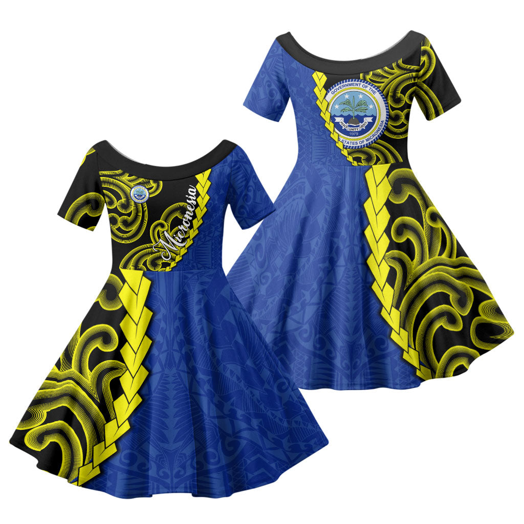 Federated States Of Micronesia FSM Family Matching Off Shoulder Maxi Dress and Hawaiian Shirt Pacific Islander Tribal Swirl Geometric Pattern