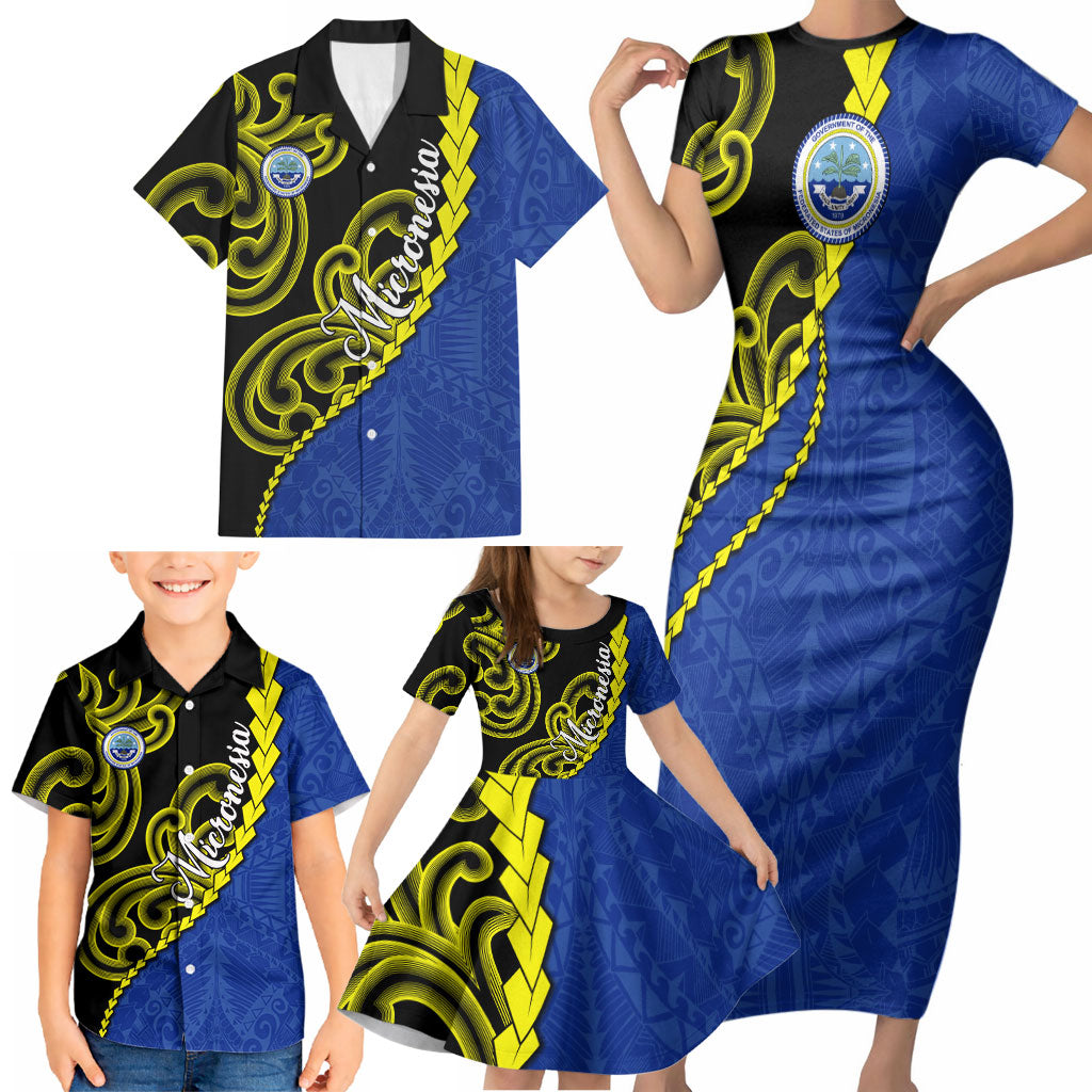 Federated States Of Micronesia FSM Family Matching Short Sleeve Bodycon Dress and Hawaiian Shirt Pacific Islander Tribal Swirl Geometric Pattern TS04 - Polynesian Pride
