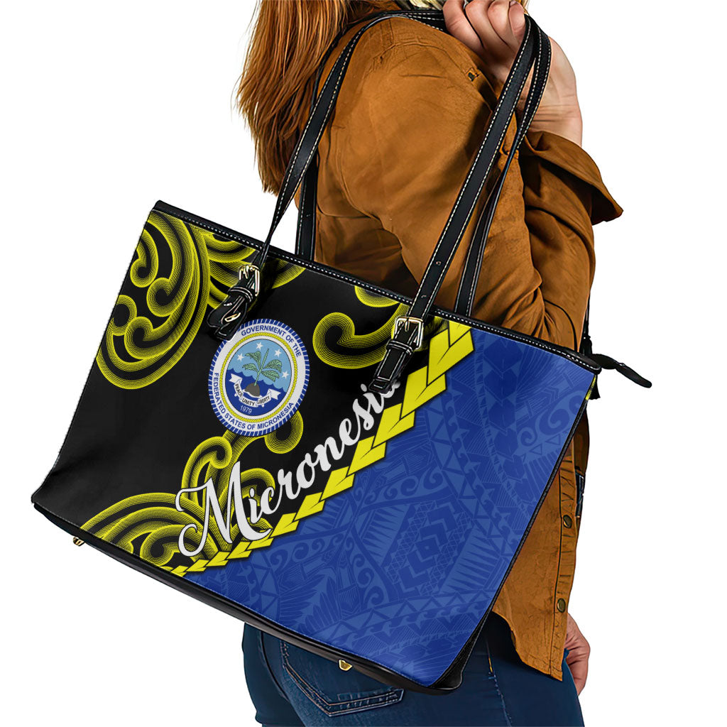 Federated States Of Micronesia FSM Leather Tote Bag Pacific Islander Tribal Swirl Geometric Pattern
