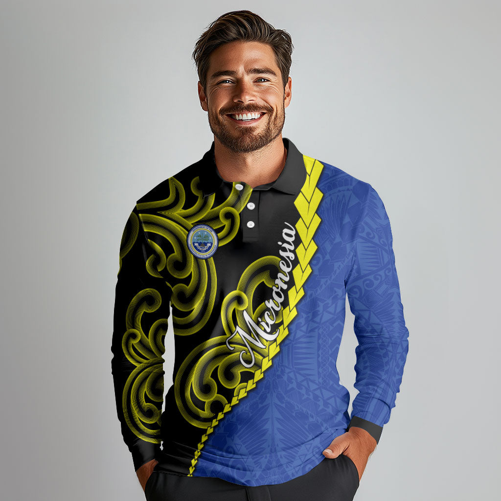 Federated States Of Micronesia FSM Long Sleeve Polo Shirt Pacific Islander Tribal Swirl Geometric Pattern