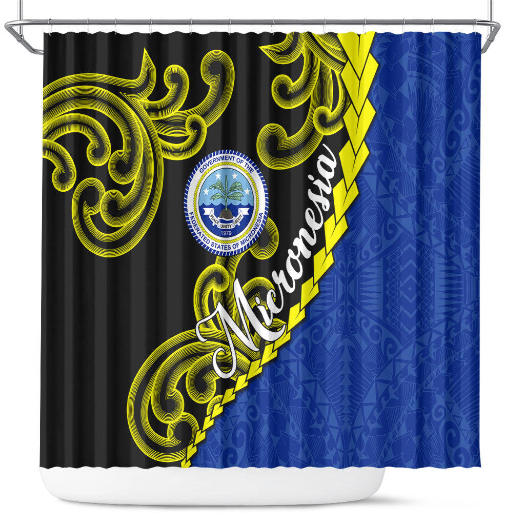 Federated States Of Micronesia FSM Shower Curtain Pacific Islander Tribal Swirl Geometric Pattern TS04 Black Blue - Polynesian Pride