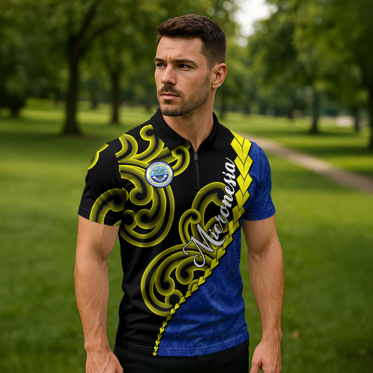 Federated States Of Micronesia FSM Zipper Polo Shirt Pacific Islander Tribal Swirl Geometric Pattern