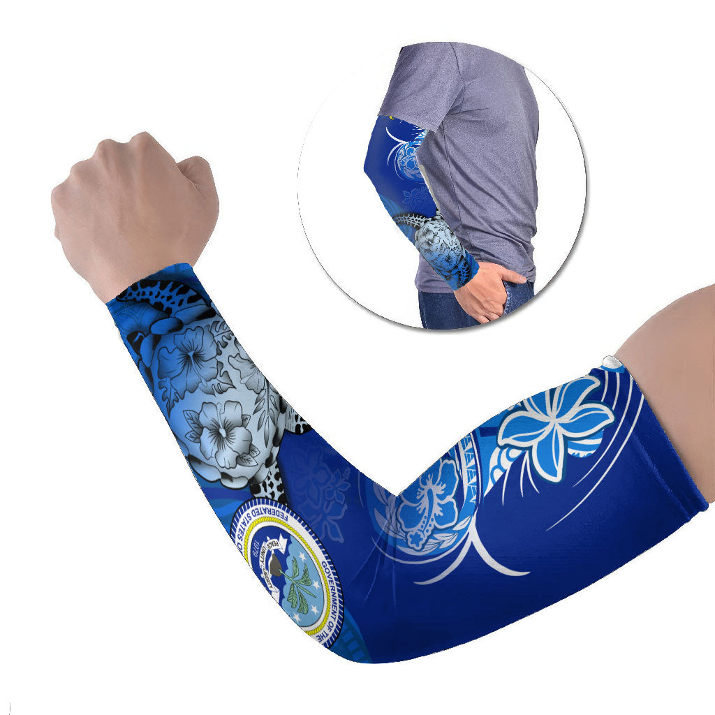 Micronesia Sea Turtle Arm Sleeves Federated States Of Micronesia Tribal Floral Pattern TS04 Set of 2 Blue White - Polynesian Pride